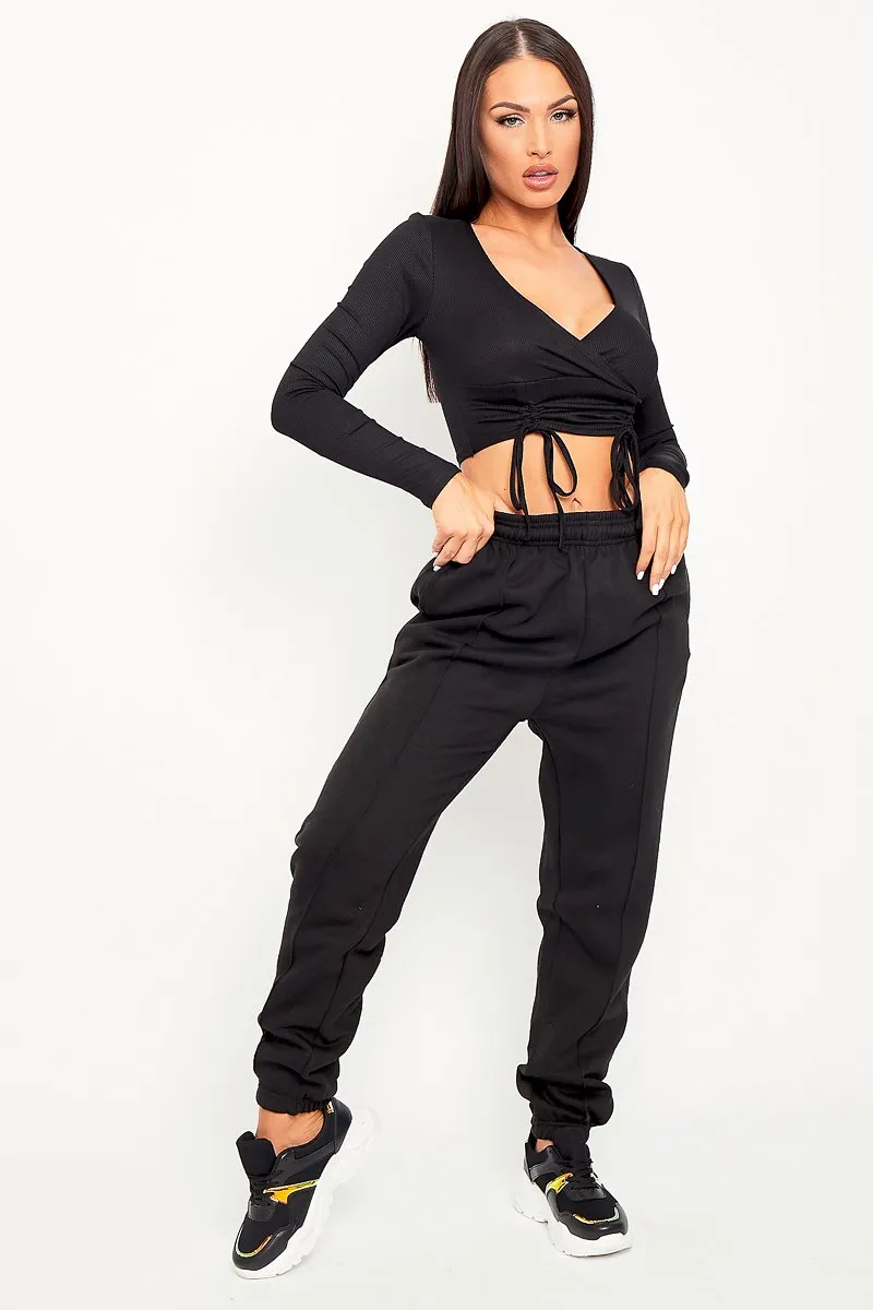Black Ribbed Plunge Neckline Crop Top - Kaile