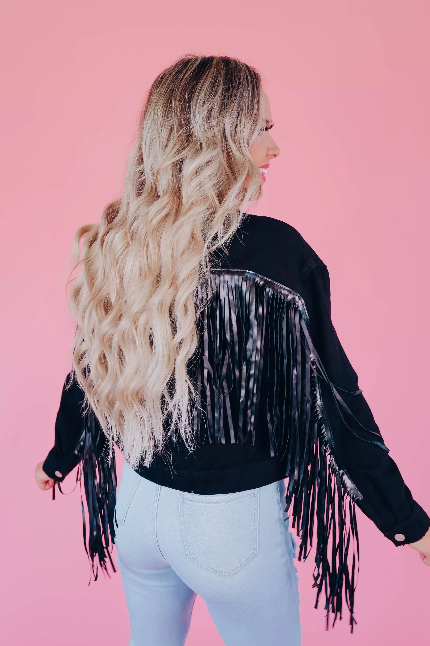Bluebell Cowgirl Fringe Denim Jacket - Black