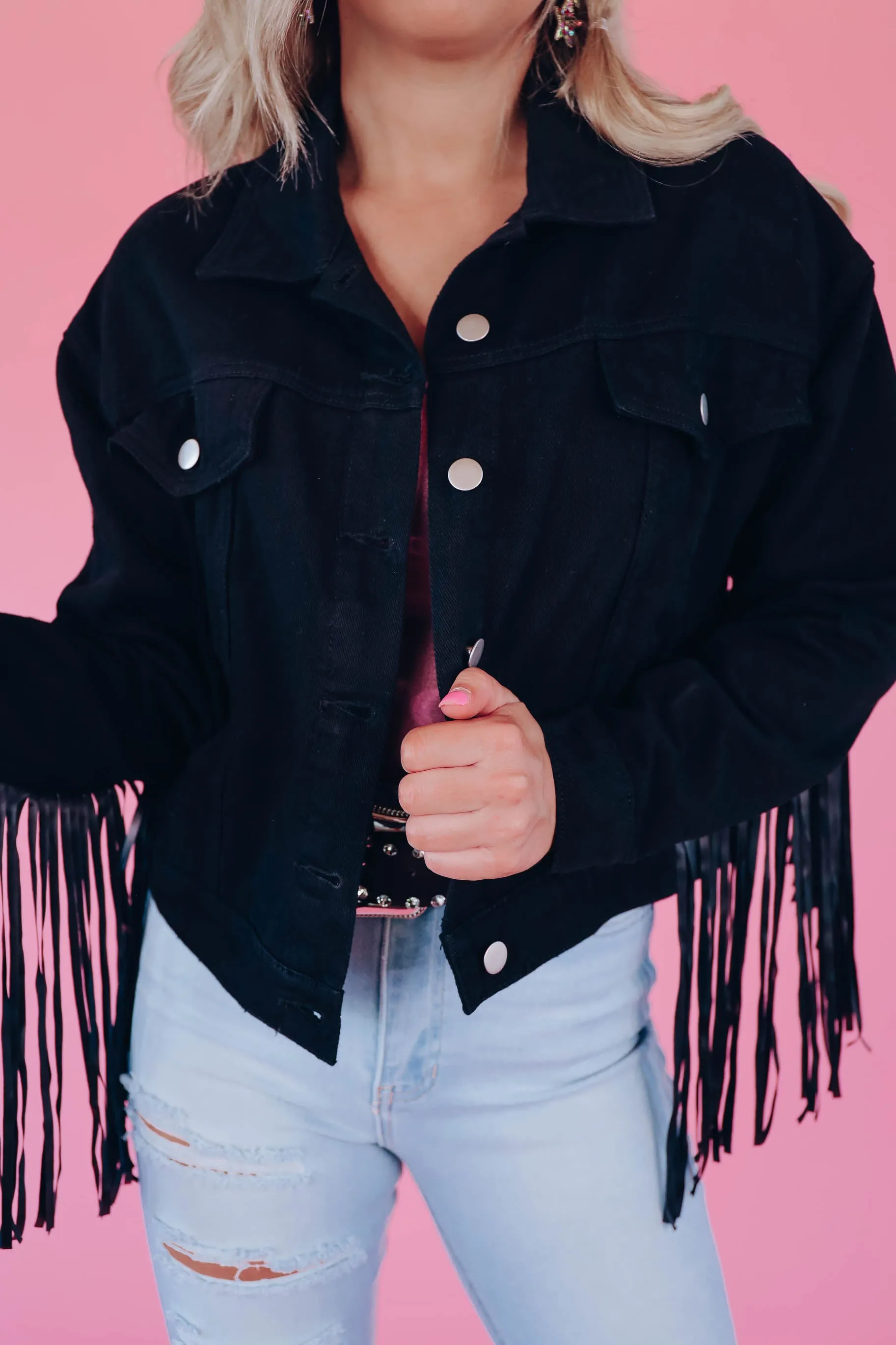 Bluebell Cowgirl Fringe Denim Jacket - Black
