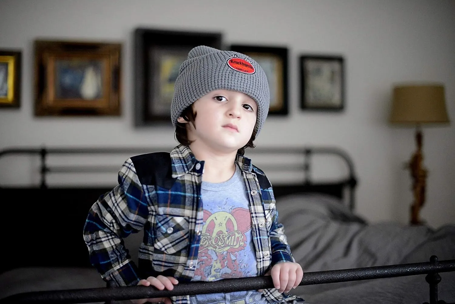 Born to Love Knuckleheads Gray Boy's Baby Visor Beanie Hat with Stripes Detail
