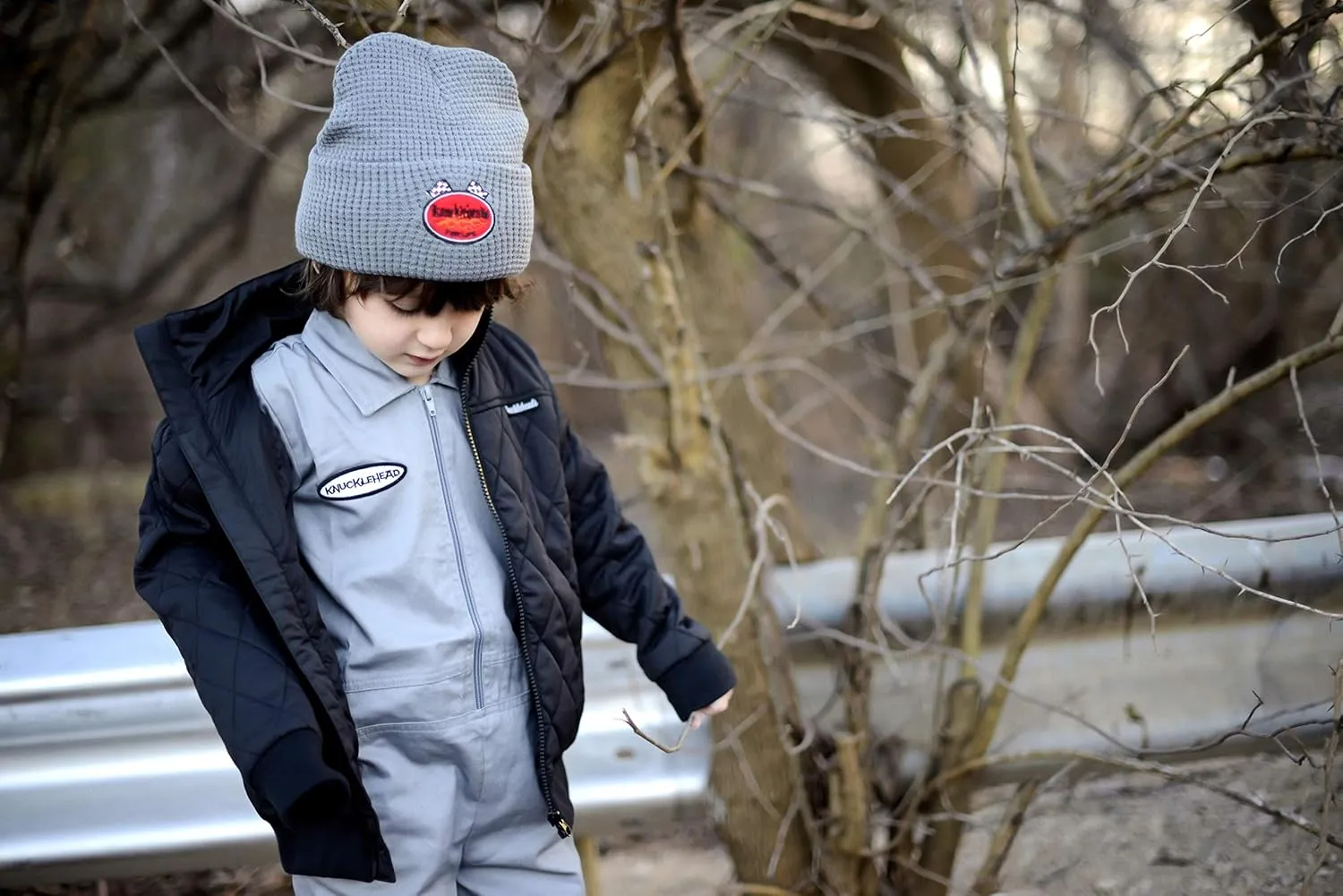 Born to Love Knuckleheads Gray Boy's Baby Visor Beanie Hat with Stripes Detail