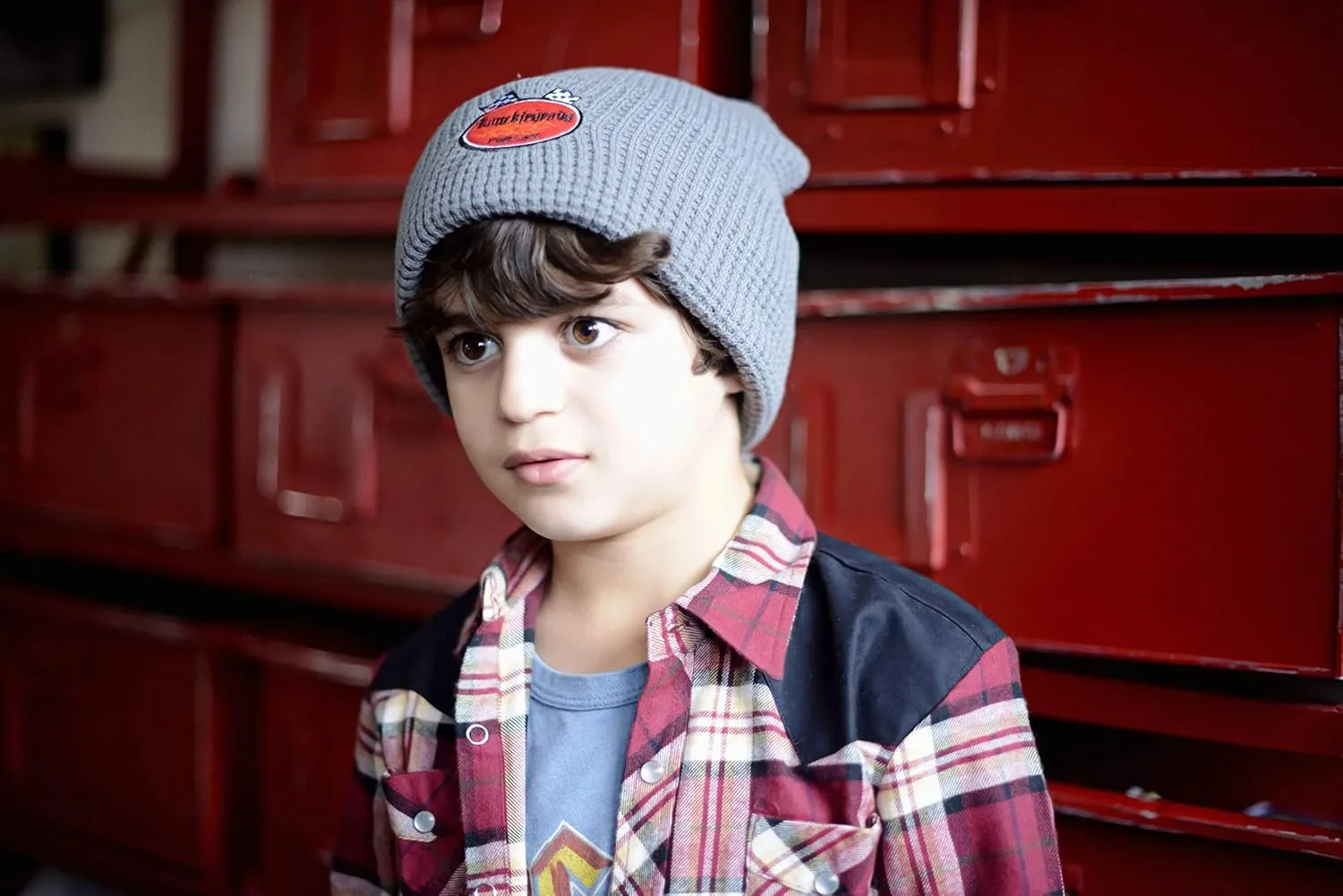 Born to Love Knuckleheads Gray Boy's Baby Visor Beanie Hat with Stripes Detail