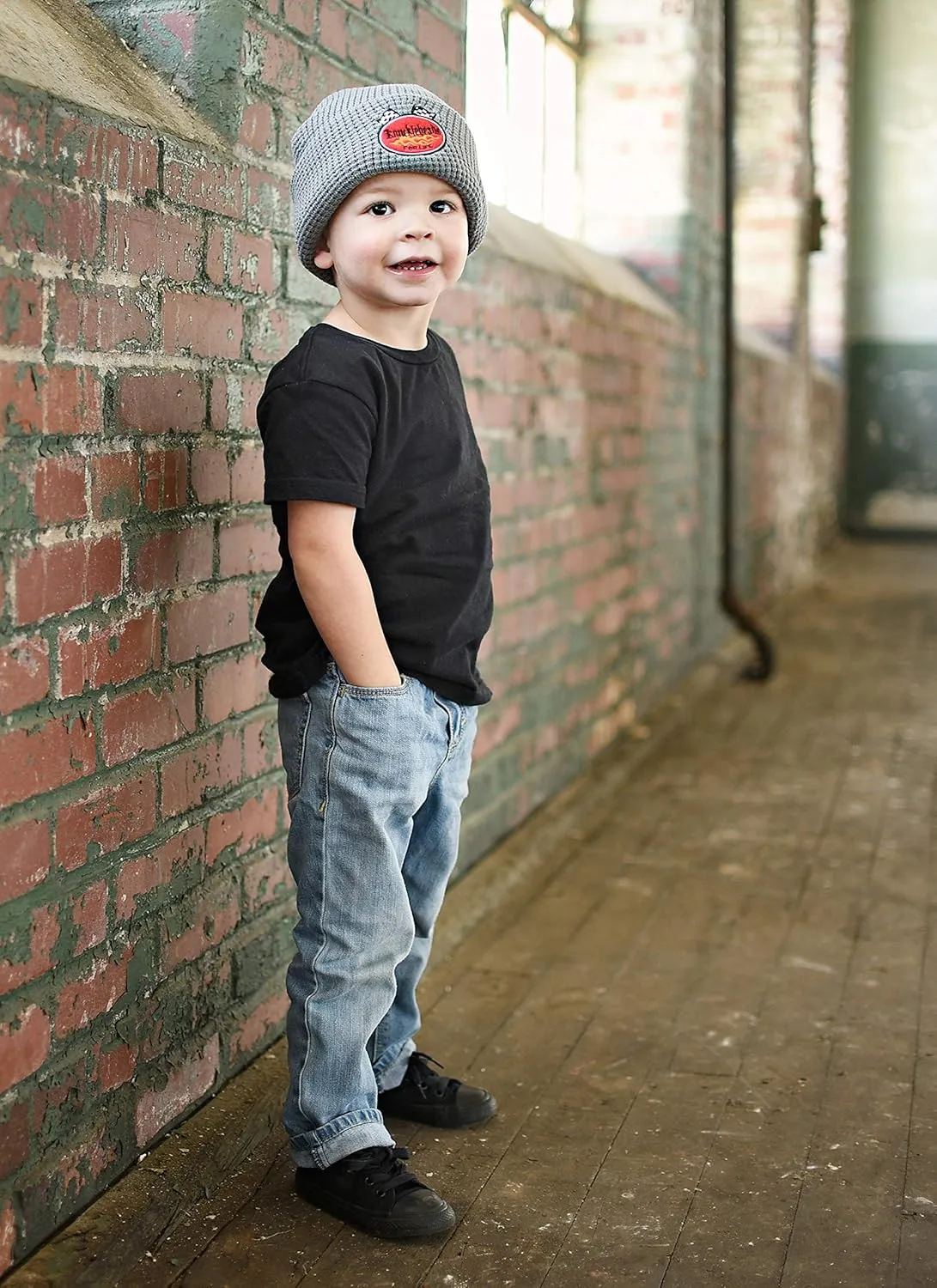 Born to Love Knuckleheads Gray Boy's Baby Visor Beanie Hat with Stripes Detail