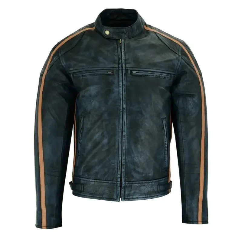 Charcoal Black Premium Cafe Racer Striped Leather Jacket