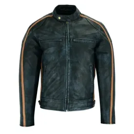 Charcoal Black Premium Cafe Racer Striped Leather Jacket