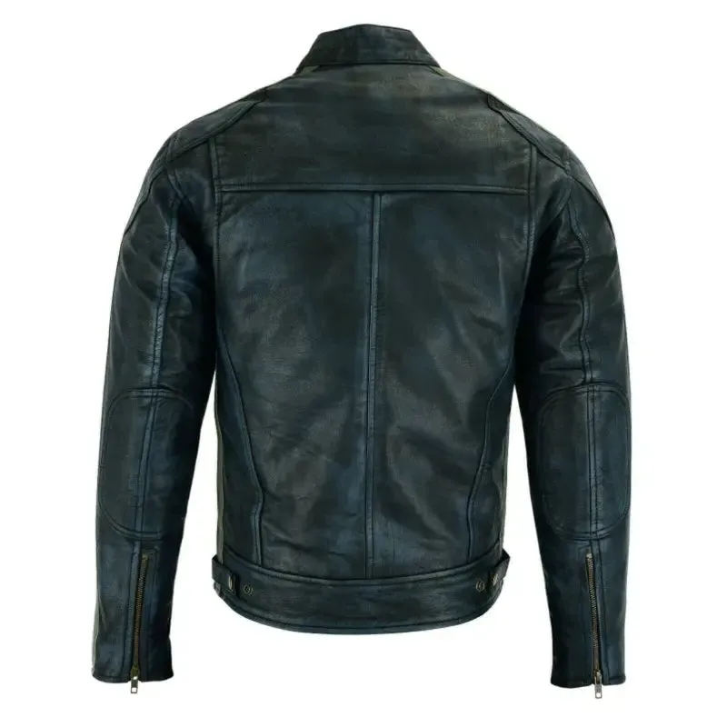 Charcoal Black Premium Cafe Racer Striped Leather Jacket