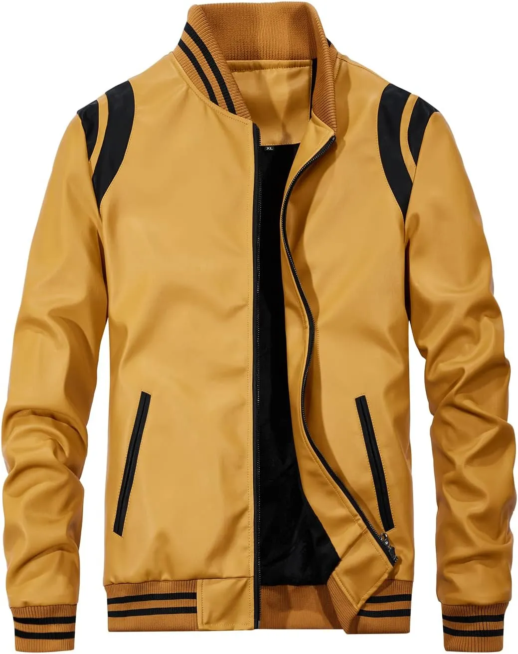 chouyatou Men's Casual Color-Block Patches Full Zip Fleece Lined Pu Leather Varsity Bomber Jacket