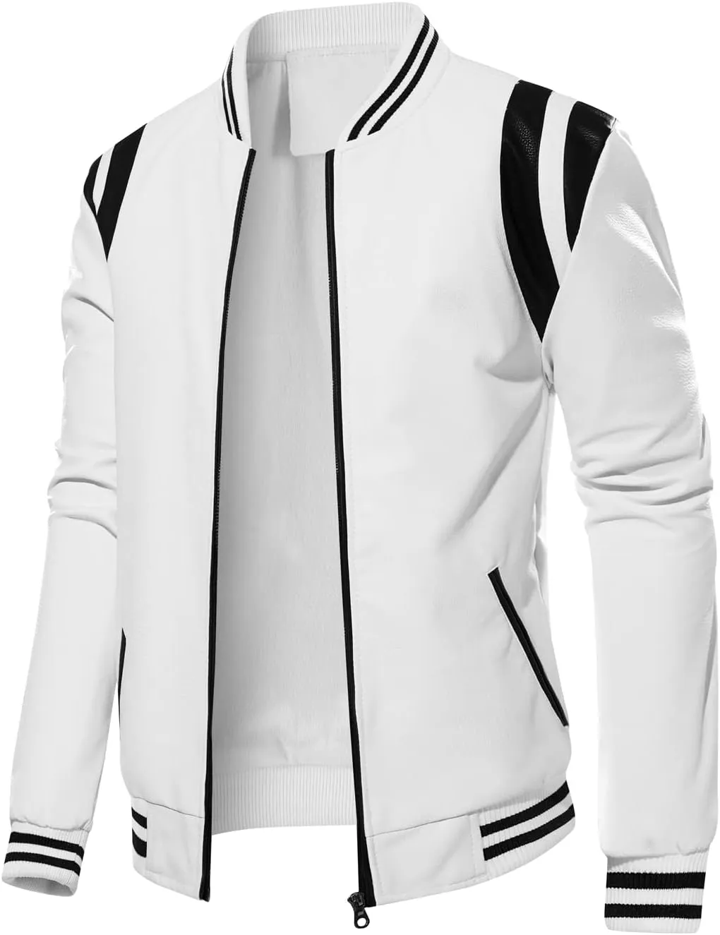chouyatou Men's Casual Color-Block Patches Full Zip Fleece Lined Pu Leather Varsity Bomber Jacket