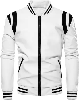 chouyatou Men's Casual Color-Block Patches Full Zip Fleece Lined Pu Leather Varsity Bomber Jacket