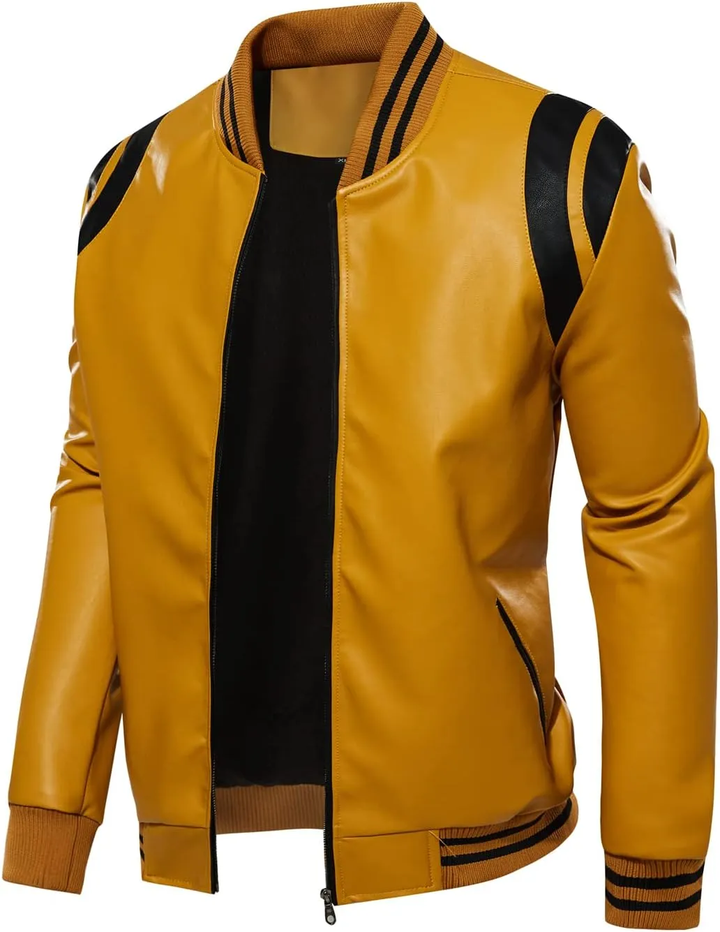chouyatou Men's Casual Color-Block Patches Full Zip Fleece Lined Pu Leather Varsity Bomber Jacket
