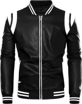 chouyatou Men's Casual Color-Block Patches Full Zip Fleece Lined Pu Leather Varsity Bomber Jacket
