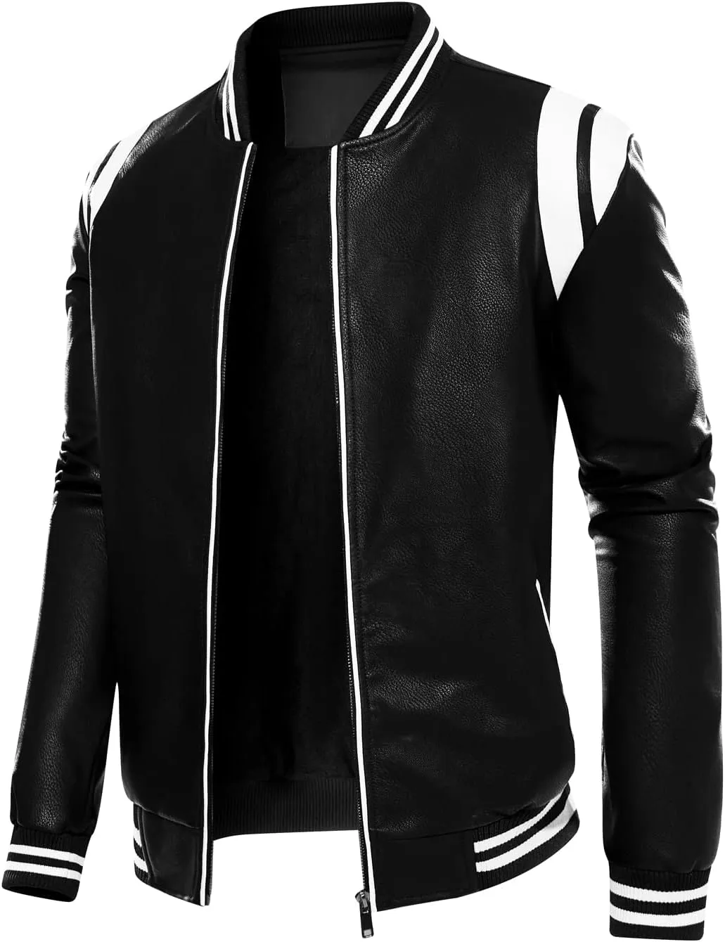 chouyatou Men's Casual Color-Block Patches Full Zip Fleece Lined Pu Leather Varsity Bomber Jacket