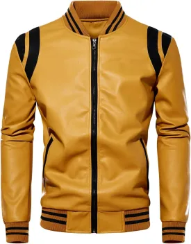chouyatou Men's Casual Color-Block Patches Full Zip Fleece Lined Pu Leather Varsity Bomber Jacket