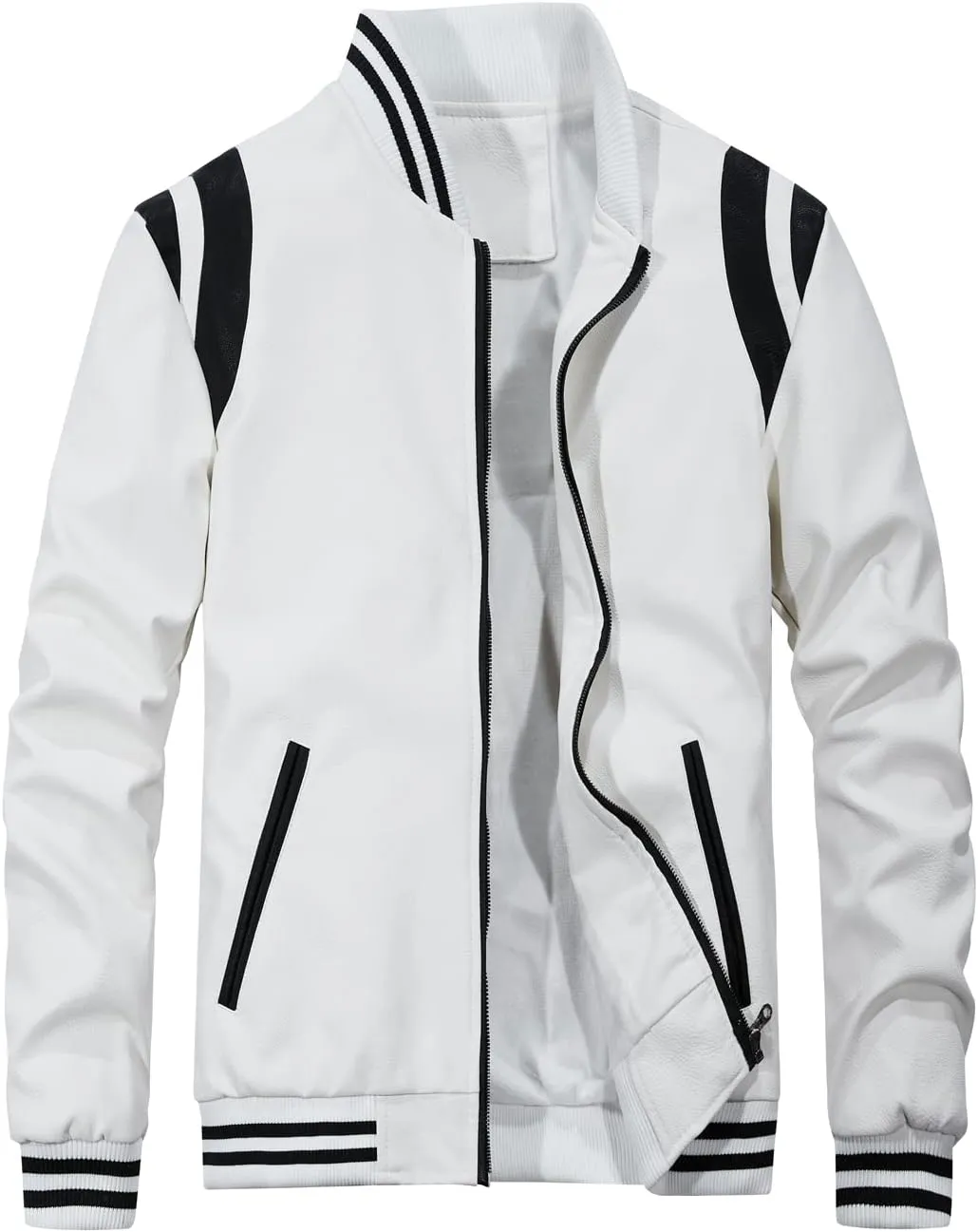 chouyatou Men's Casual Color-Block Patches Full Zip Fleece Lined Pu Leather Varsity Bomber Jacket