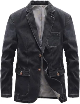 chouyatou Men's Notch Lapel Vintage Style Denim Suit Blazer Jacket Sport Coat