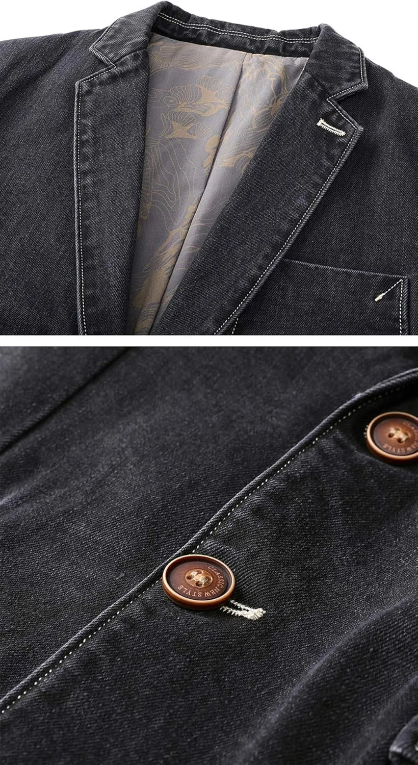 chouyatou Men's Notch Lapel Vintage Style Denim Suit Blazer Jacket Sport Coat