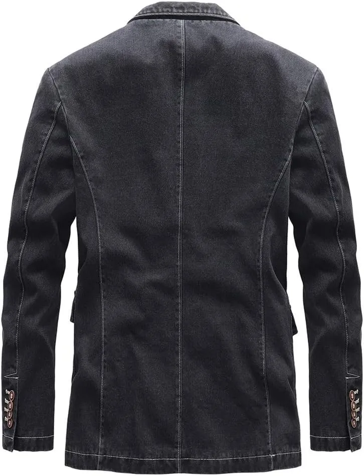 chouyatou Men's Notch Lapel Vintage Style Denim Suit Blazer Jacket Sport Coat