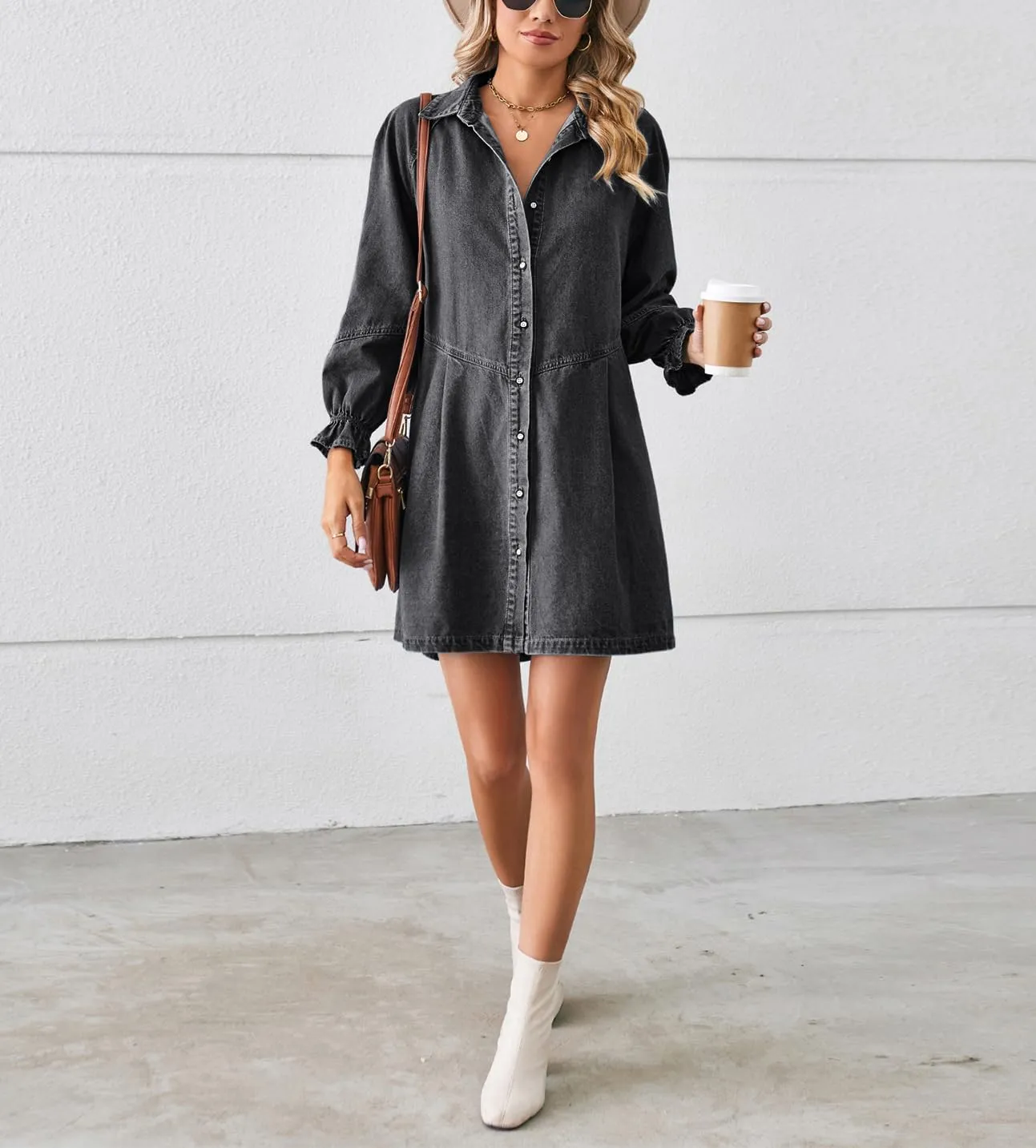 chouyatou Women's Button Down Denim Shirt Dress Lantern Long Sleeve Tiered Baydoll Jean Mini Dress
