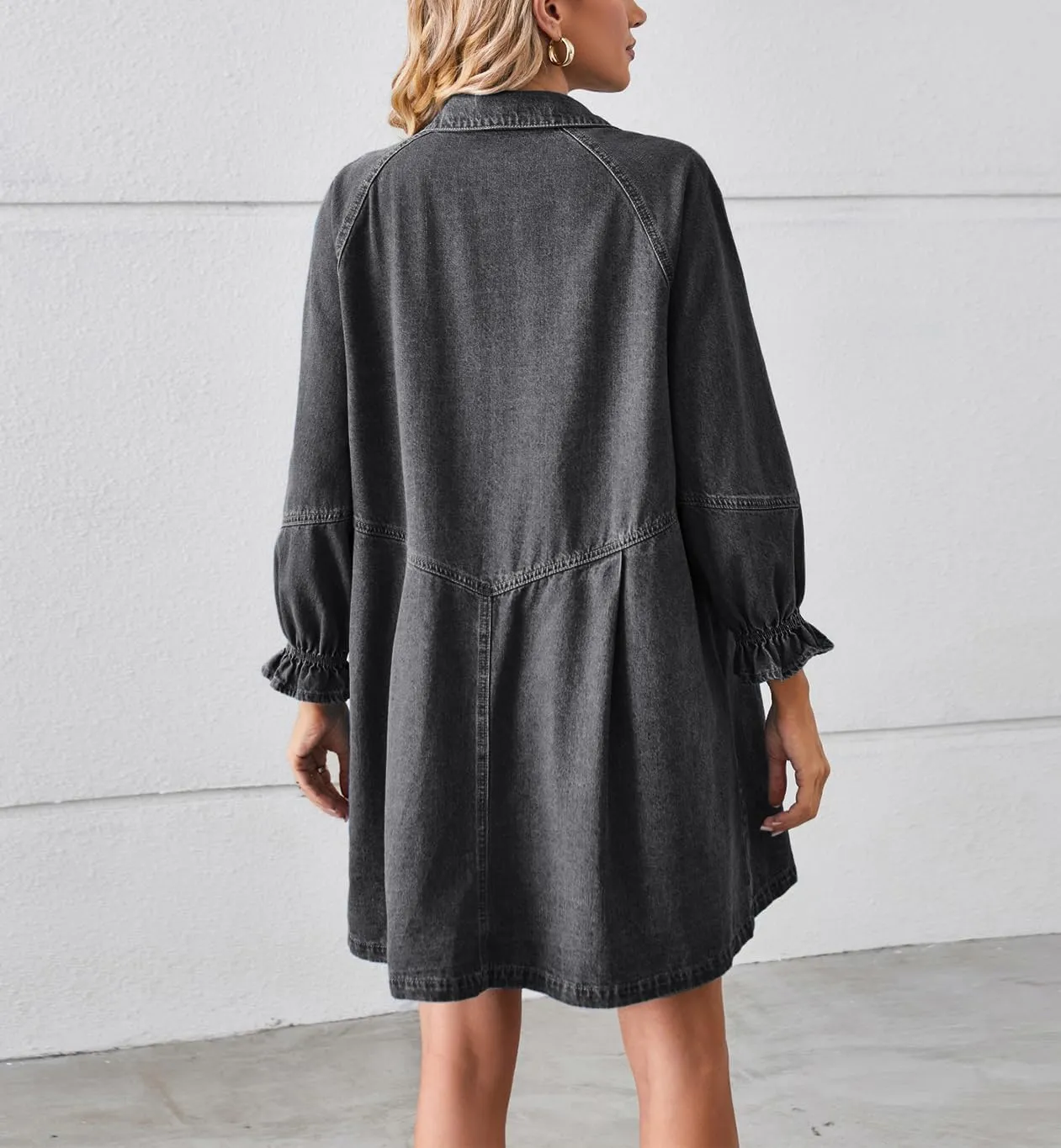 chouyatou Women's Button Down Denim Shirt Dress Lantern Long Sleeve Tiered Baydoll Jean Mini Dress
