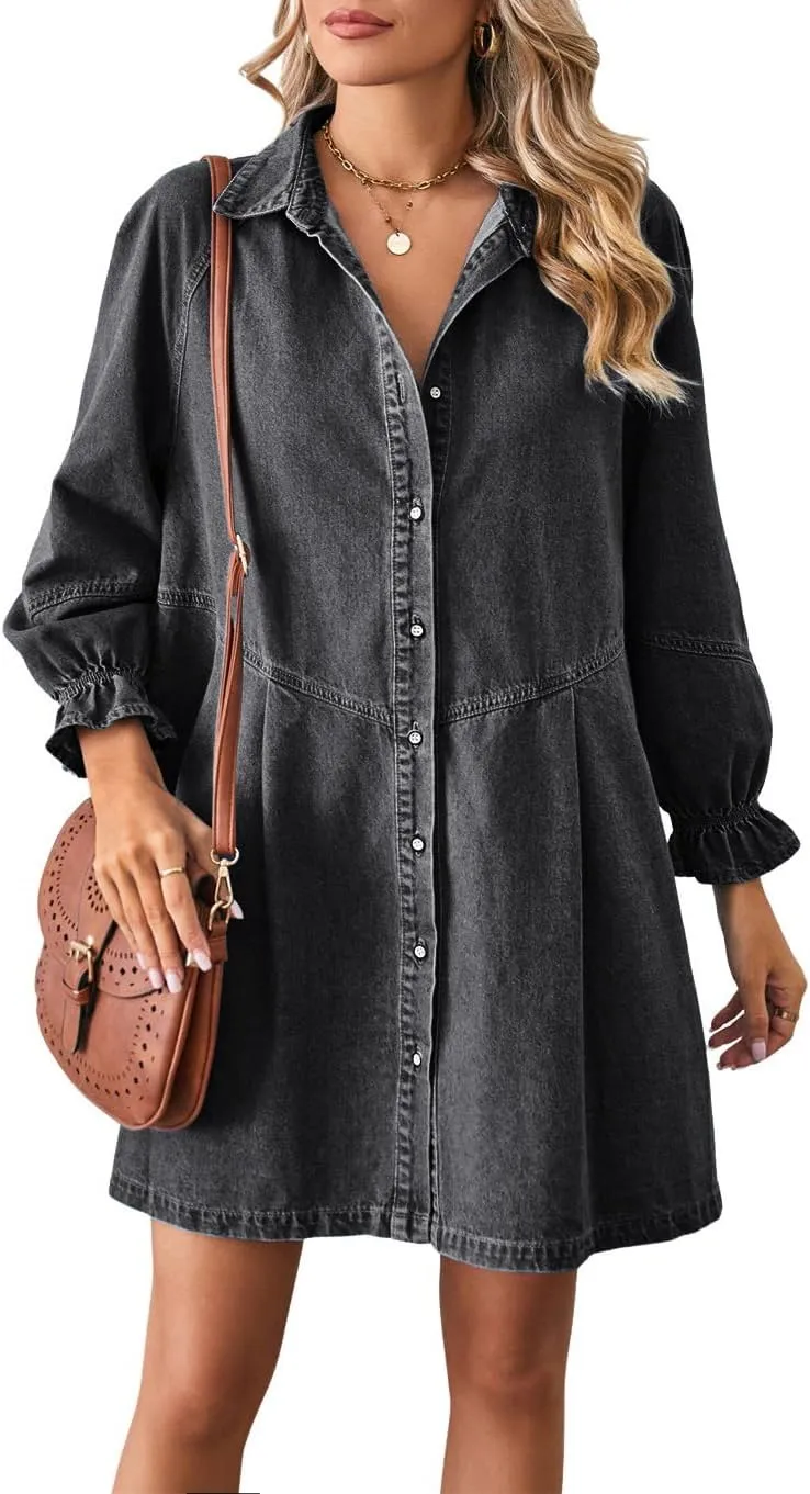 chouyatou Women's Button Down Denim Shirt Dress Lantern Long Sleeve Tiered Baydoll Jean Mini Dress