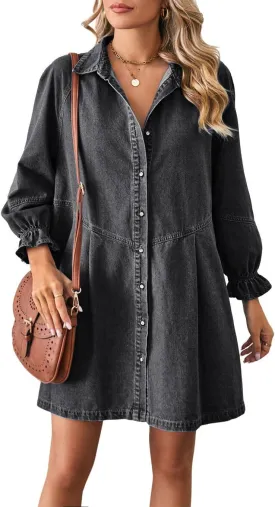 chouyatou Women's Button Down Denim Shirt Dress Lantern Long Sleeve Tiered Baydoll Jean Mini Dress