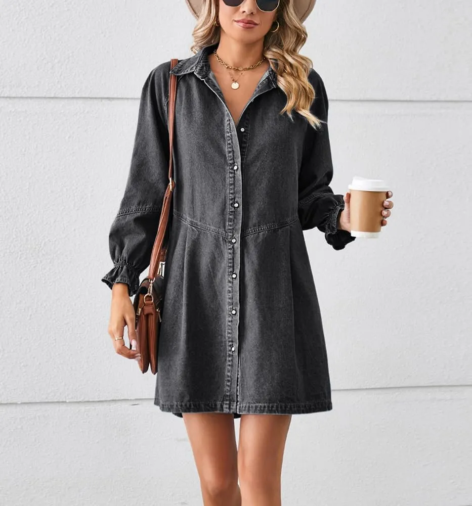 chouyatou Women's Button Down Denim Shirt Dress Lantern Long Sleeve Tiered Baydoll Jean Mini Dress