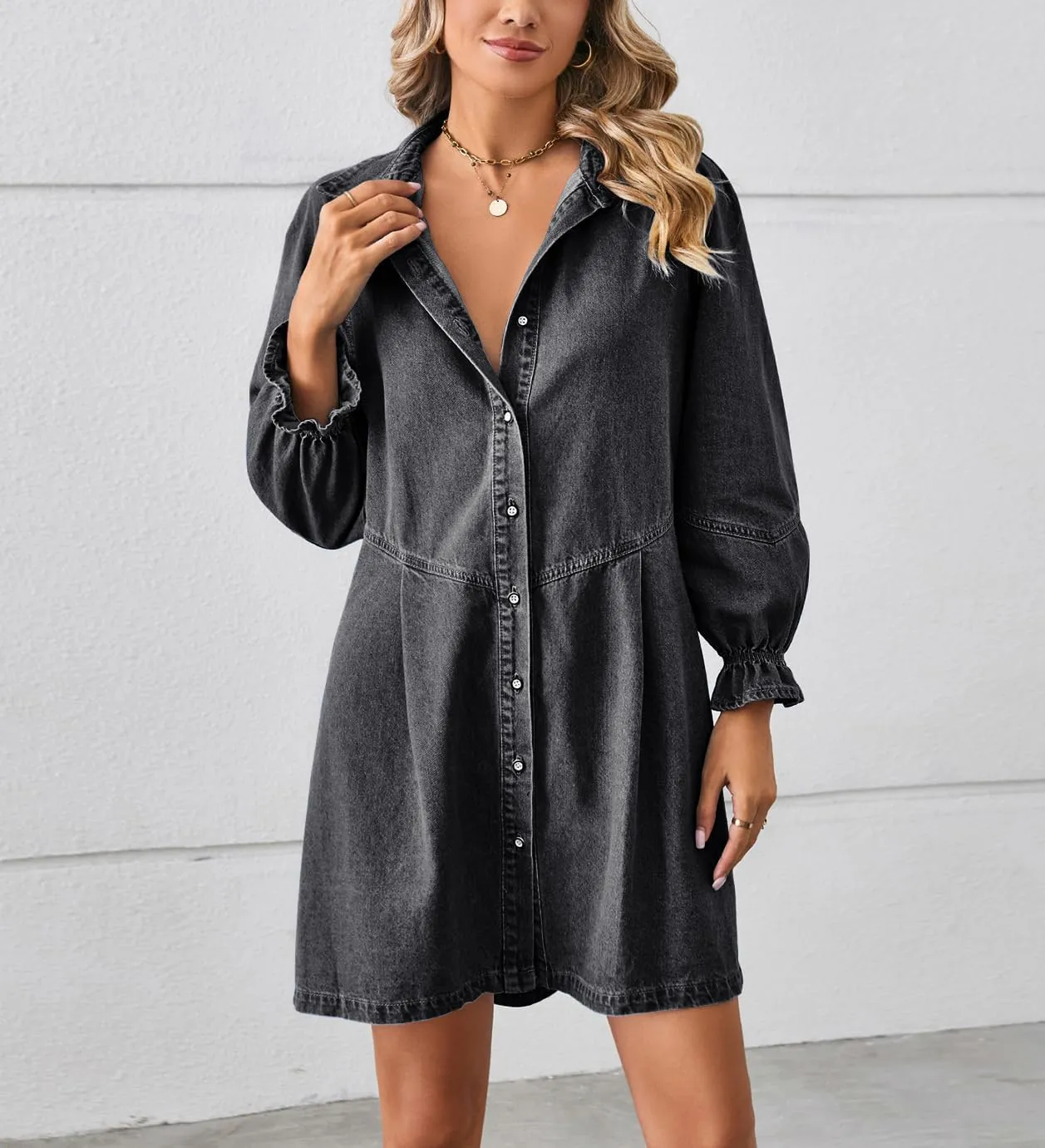chouyatou Women's Button Down Denim Shirt Dress Lantern Long Sleeve Tiered Baydoll Jean Mini Dress