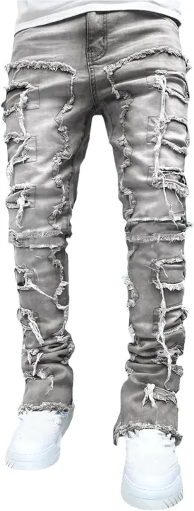 Conshvi Men's Slim Fit Stretch Jeans Distressed Patchwork Stacked Frayed Straight Leg Skinny Denim Pants