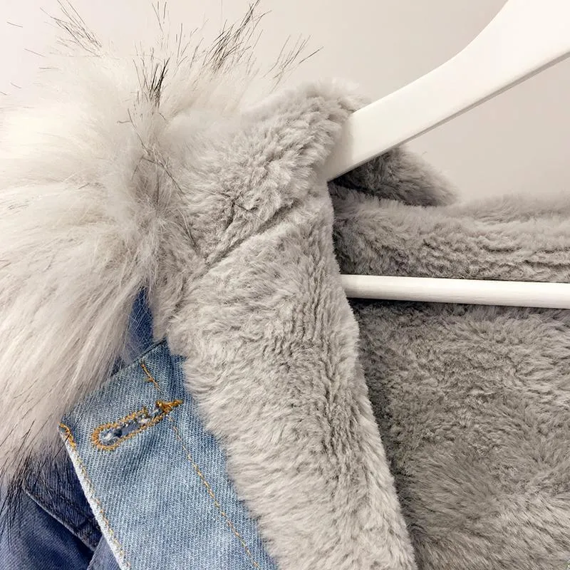 Denim Jean Pink White Faux Fur Hood Outwear Jacket