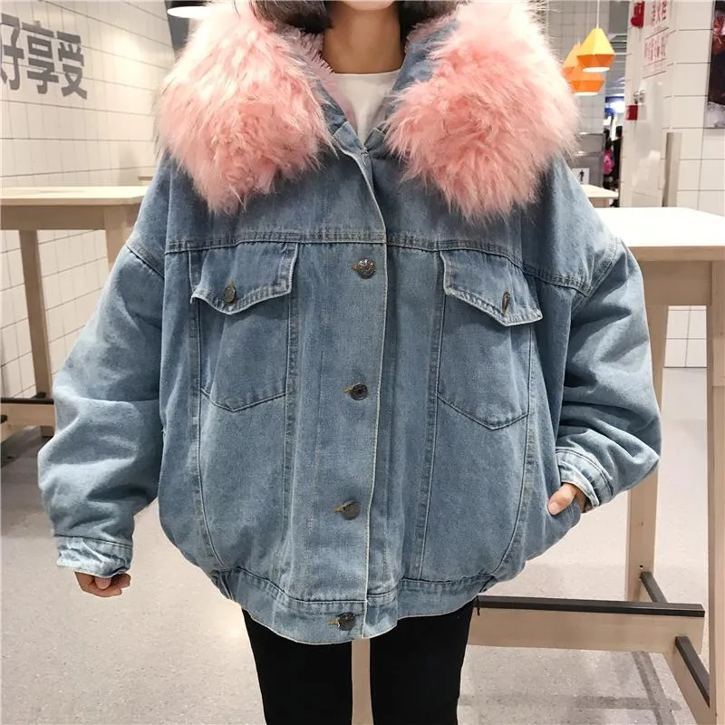 Denim Jean Pink White Faux Fur Hood Outwear Jacket