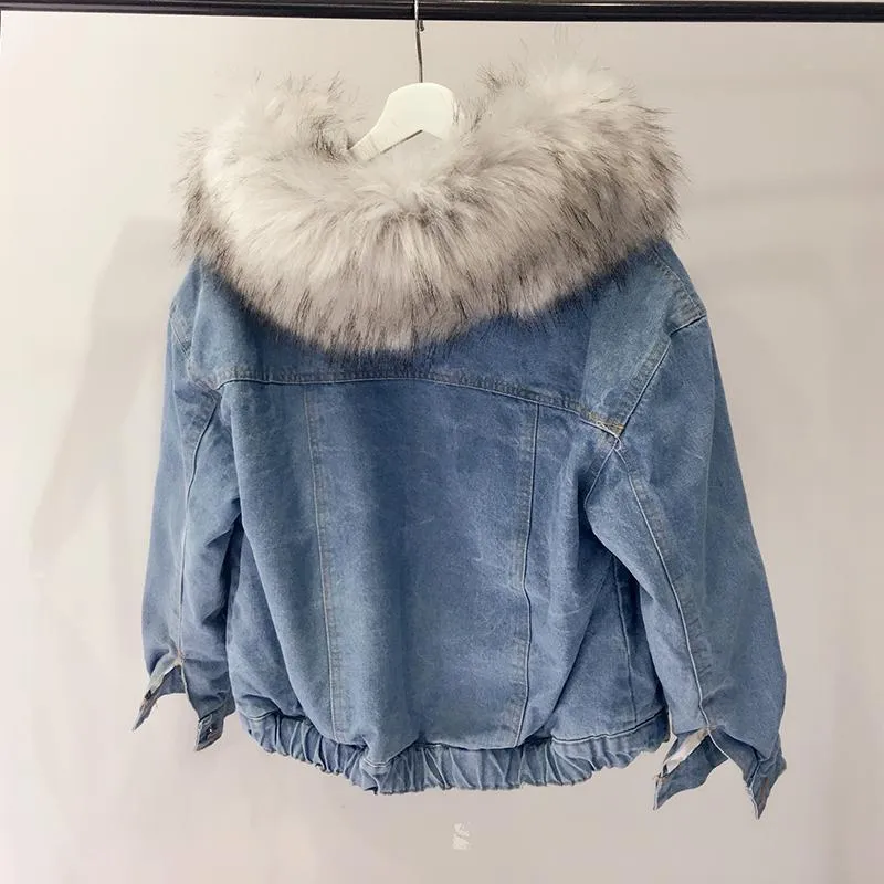 Denim Jean Pink White Faux Fur Hood Outwear Jacket