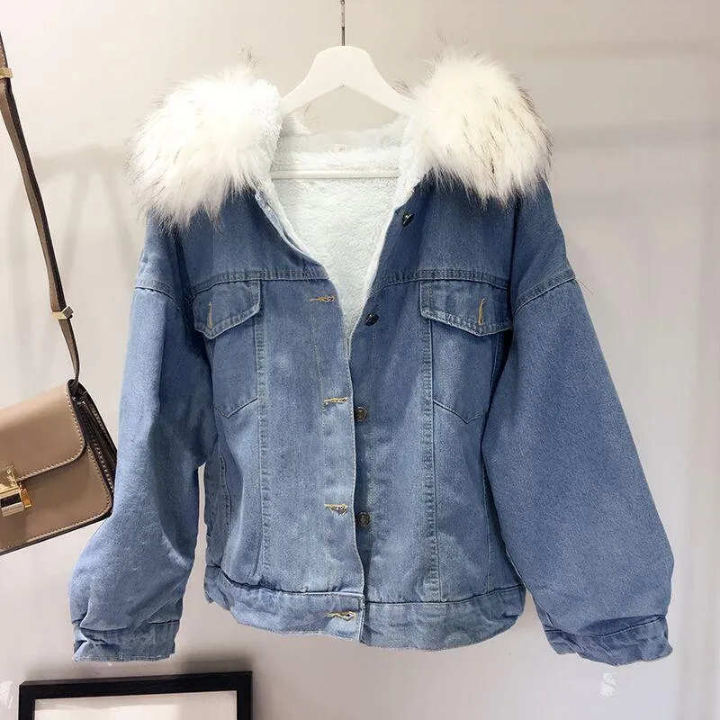 Denim Jean Pink White Faux Fur Hood Outwear Jacket