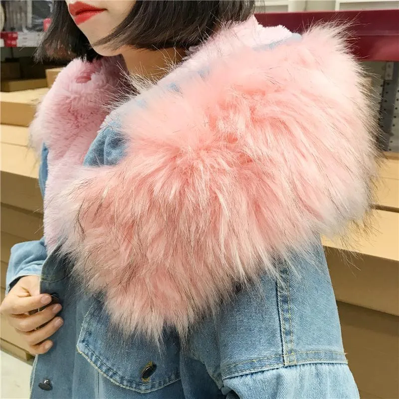 Denim Jean Pink White Faux Fur Hood Outwear Jacket