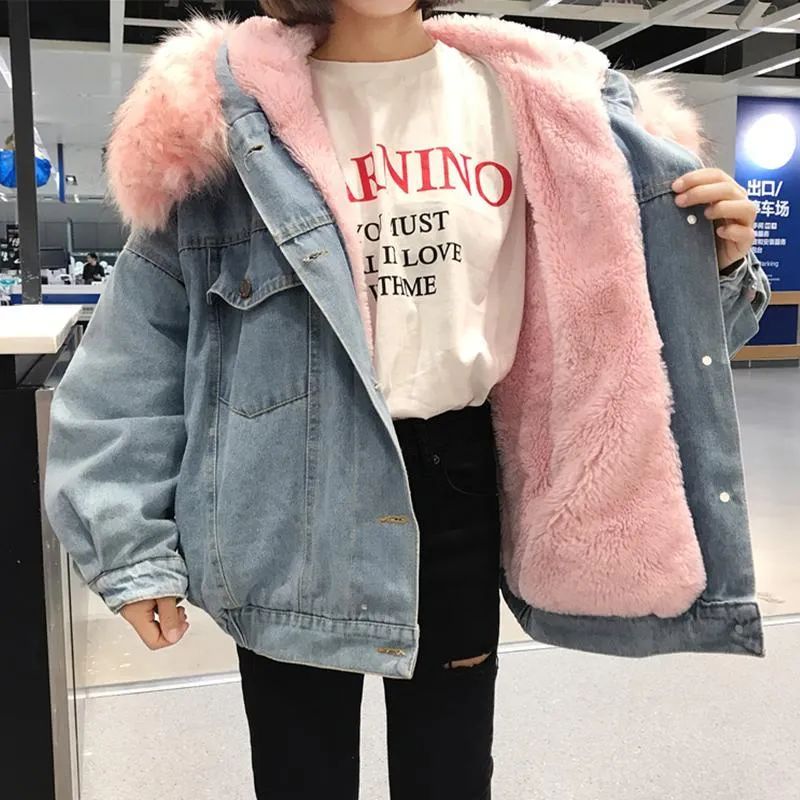 Denim Jean Pink White Faux Fur Hood Outwear Jacket