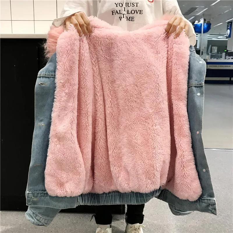 Denim Jean Pink White Faux Fur Hood Outwear Jacket