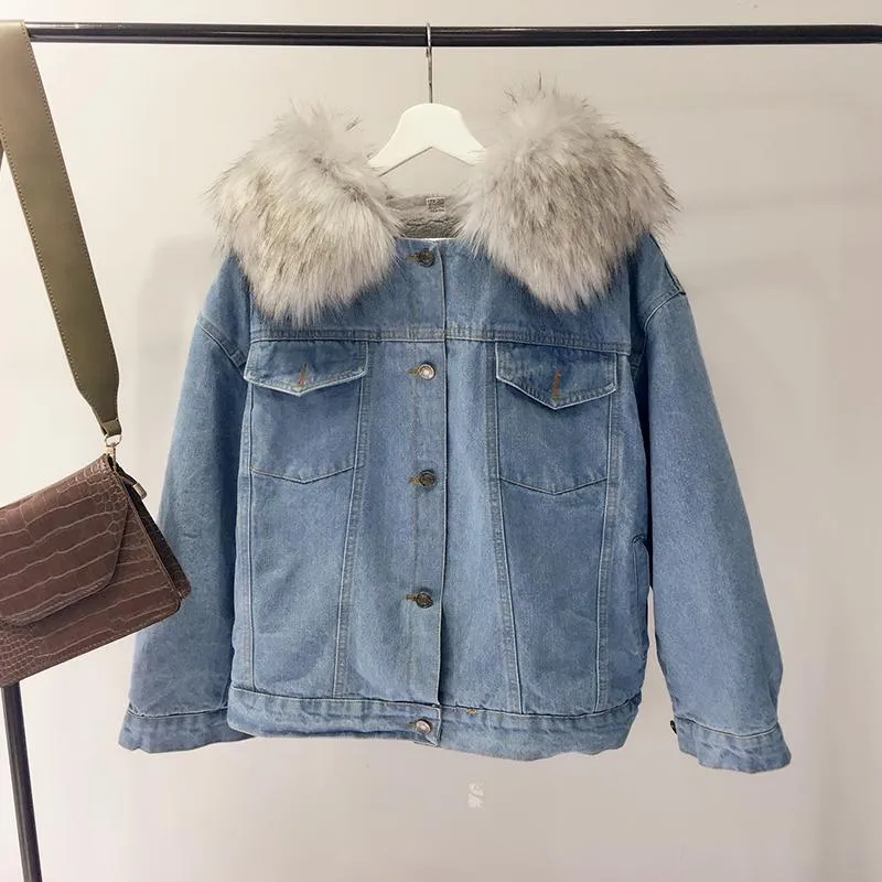 Denim Jean Pink White Faux Fur Hood Outwear Jacket