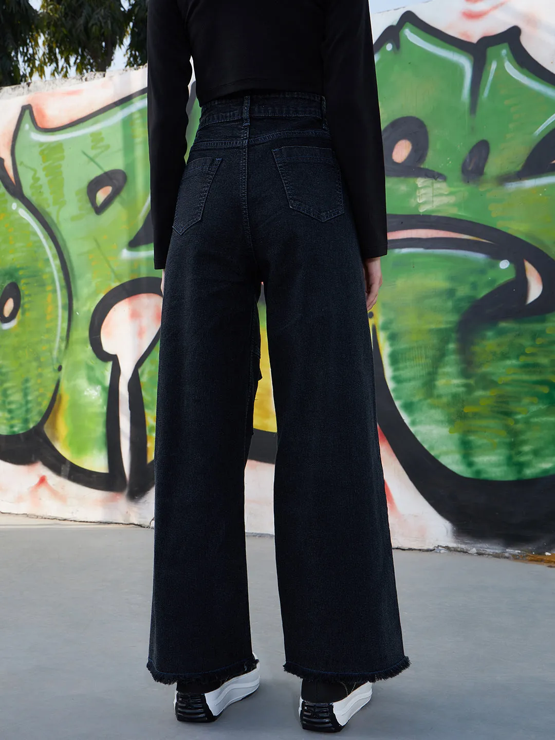Girls Black Acid Wash Raw Hem Straight Jeans