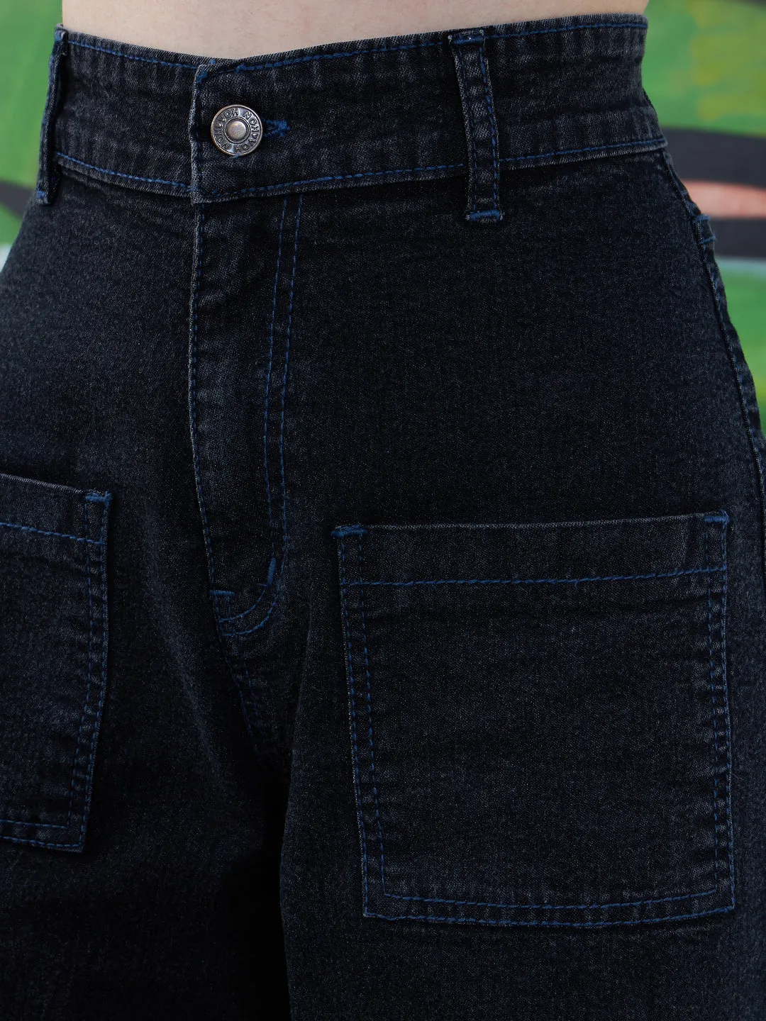 Girls Black Acid Wash Raw Hem Straight Jeans