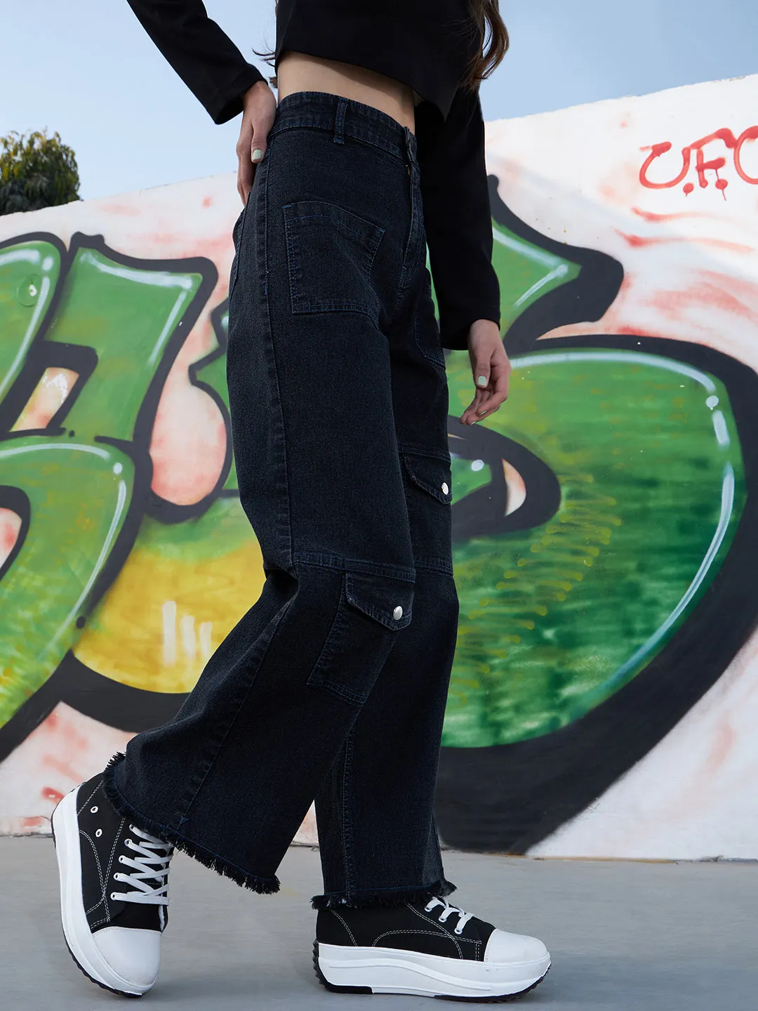 Girls Black Acid Wash Raw Hem Straight Jeans