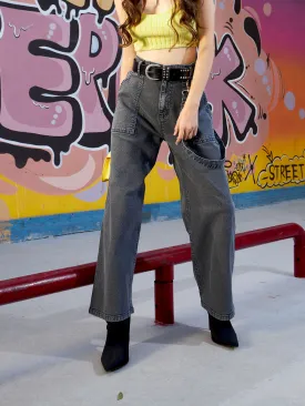 Girls Black Acid Wash Side Hanging Belt Loop Straight Jeans