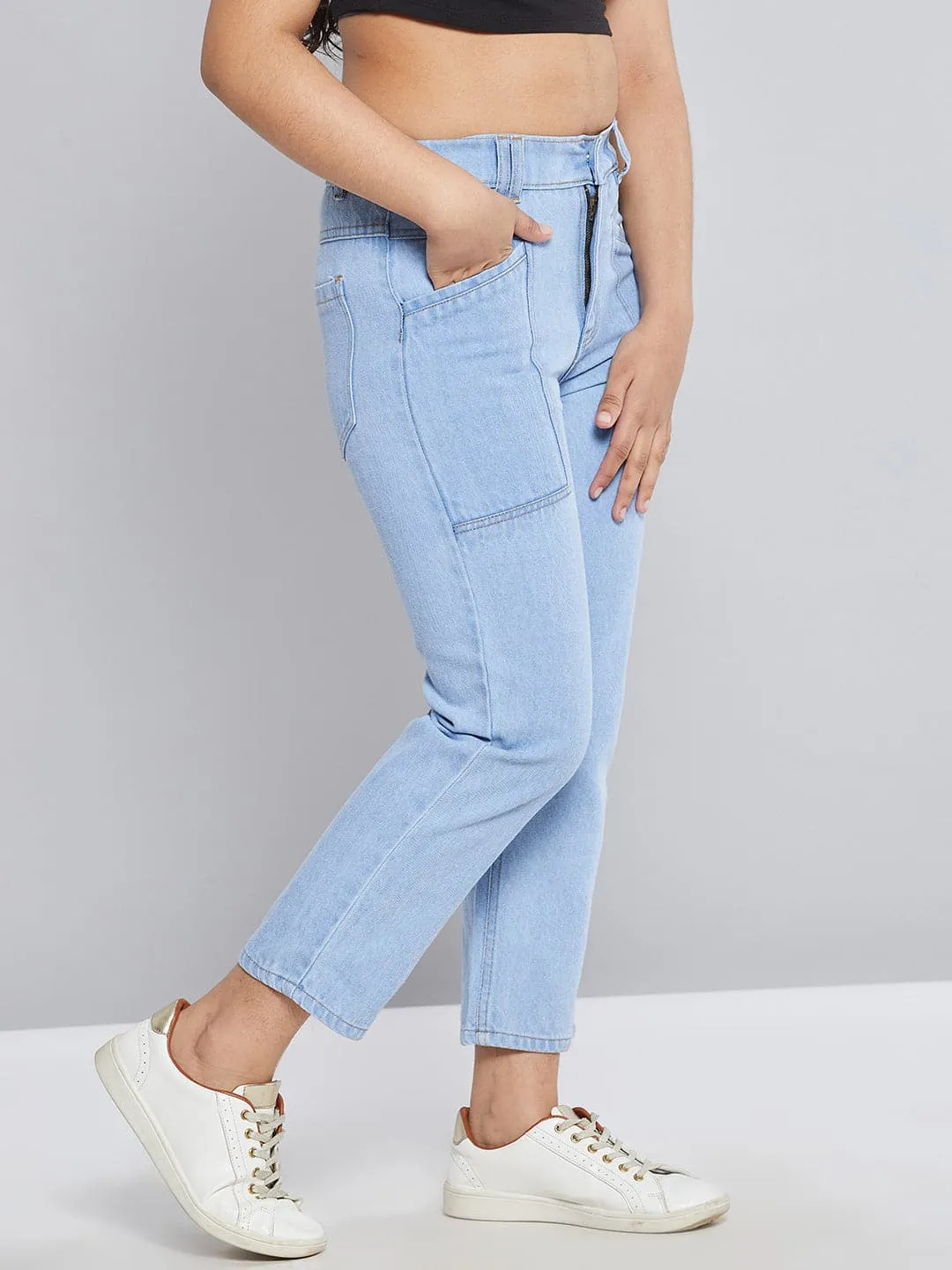 Girls Ice Blue Front Pocket Straight Jeans - Lyush Kids