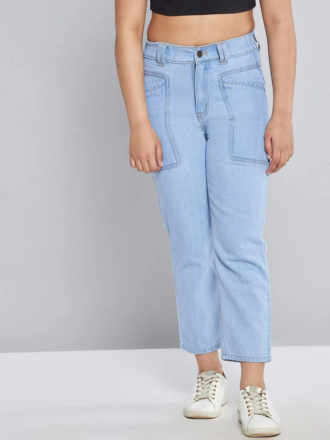 Girls Ice Blue Front Pocket Straight Jeans - Lyush Kids