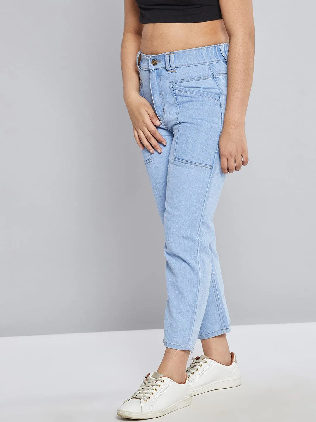 Girls Ice Blue Front Pocket Straight Jeans - Lyush Kids