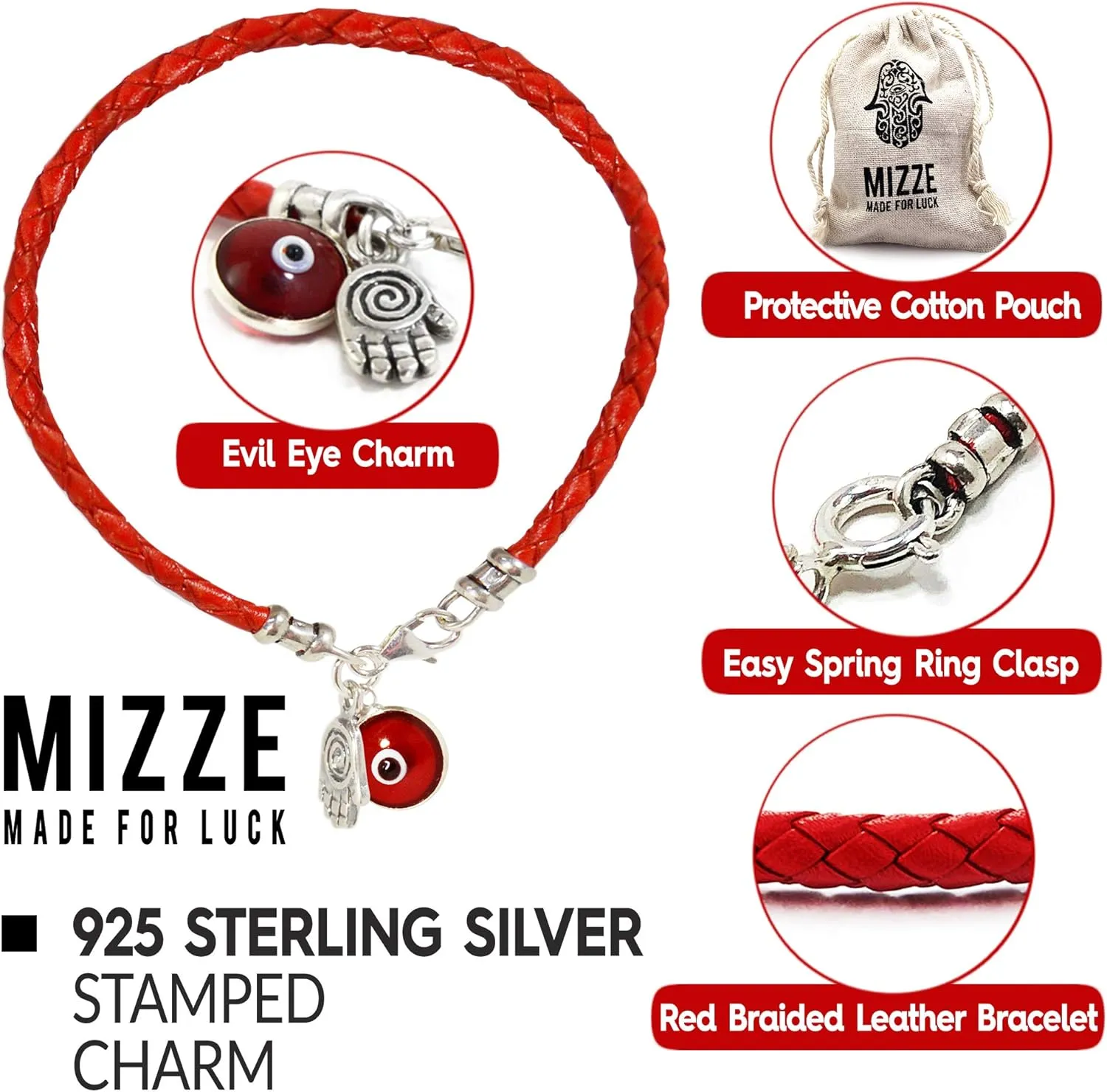 Hamsa Hand Protection Bracelet for Women - Silver Hamsa Charm on Red Leather Evil Eye Bracelet - Ojo Jewelry - Birthday Anniversary Friendship Gift