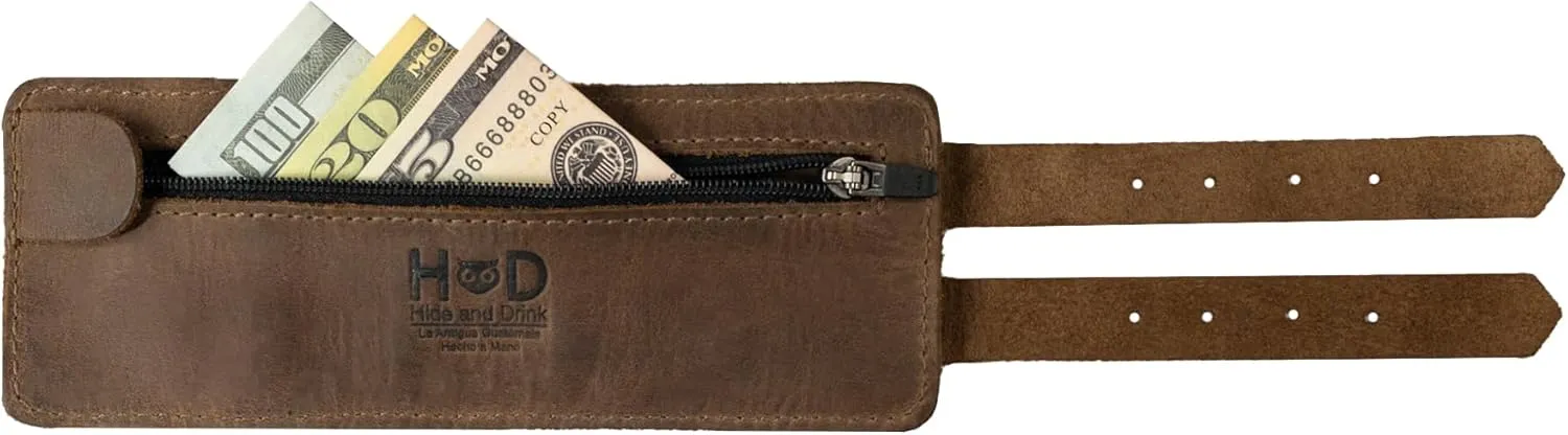 Hide & Drink, Stylish Wrist Wallet Cuff, Wristband with Secret Pouch, Cash Holder, Money Organizer, Full Grain Leather, Handmade, Bourbon Brown