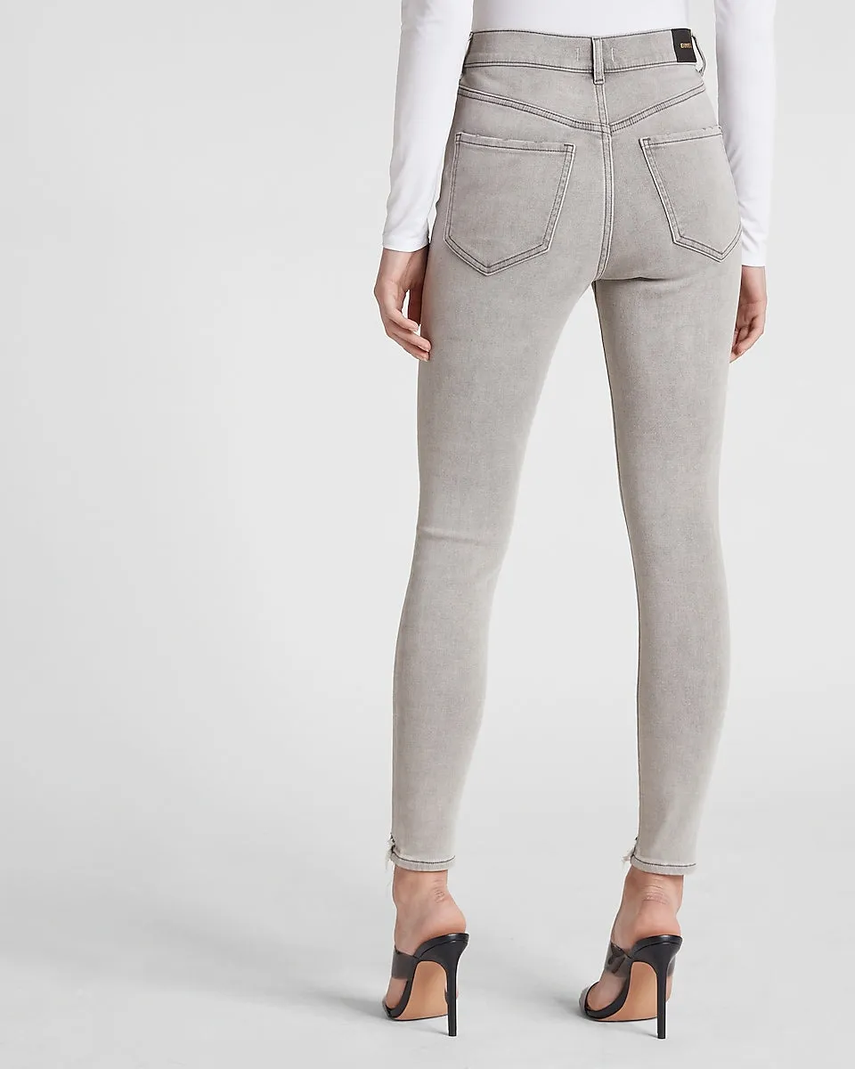 High Waisted Raw Hem Supersoft Knit Skinny Jeans in Gray