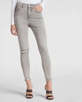 High Waisted Raw Hem Supersoft Knit Skinny Jeans in Gray