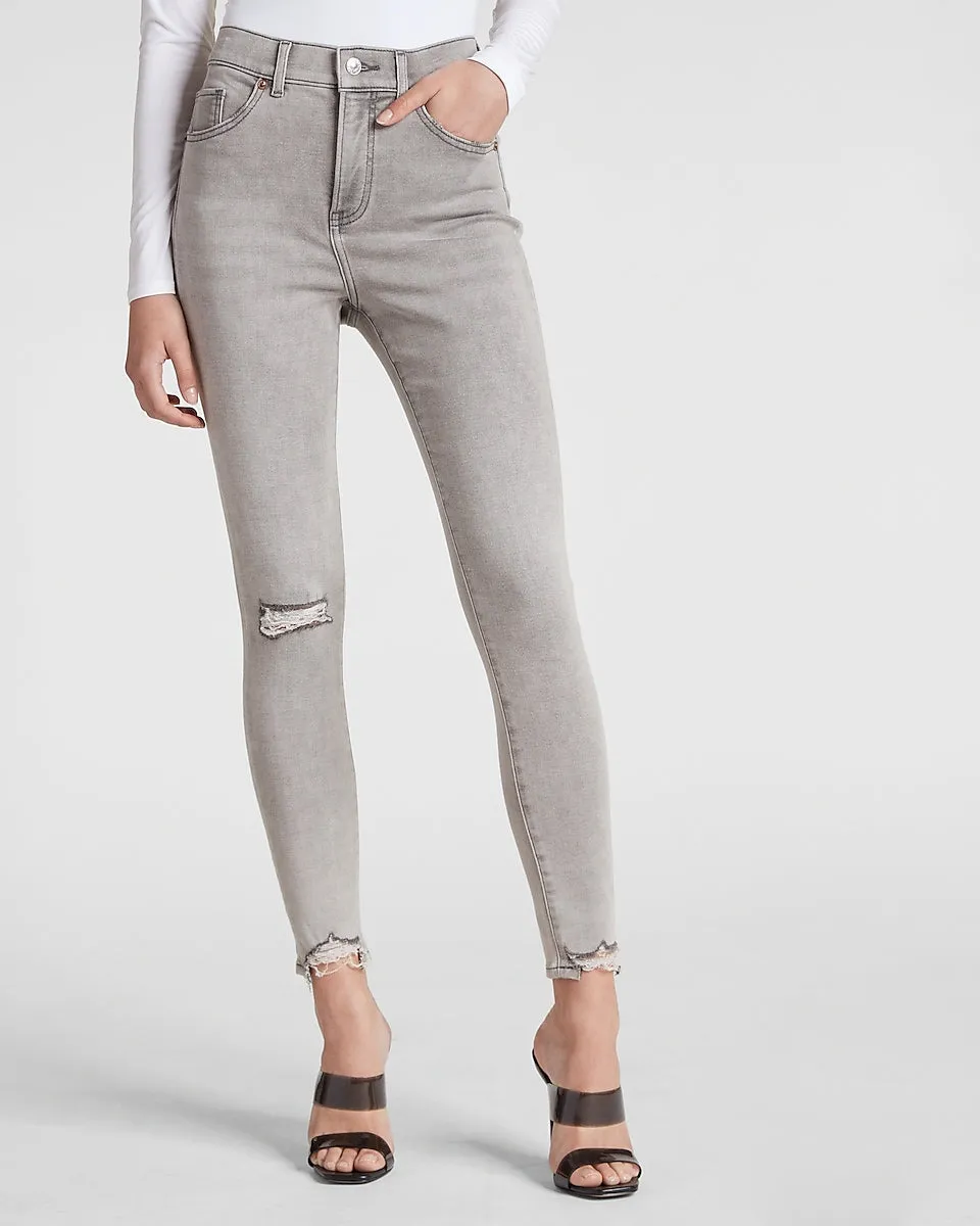 High Waisted Raw Hem Supersoft Knit Skinny Jeans in Gray
