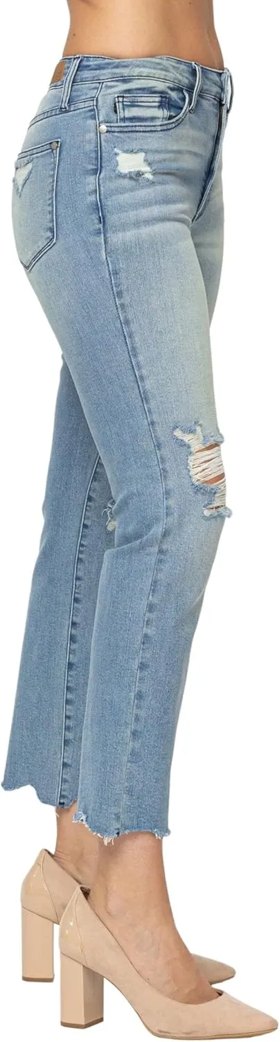 Judy Blue Women's Mid-Rise Destroyed Tinted Wash Cropped Straight-Leg Jeans 88512