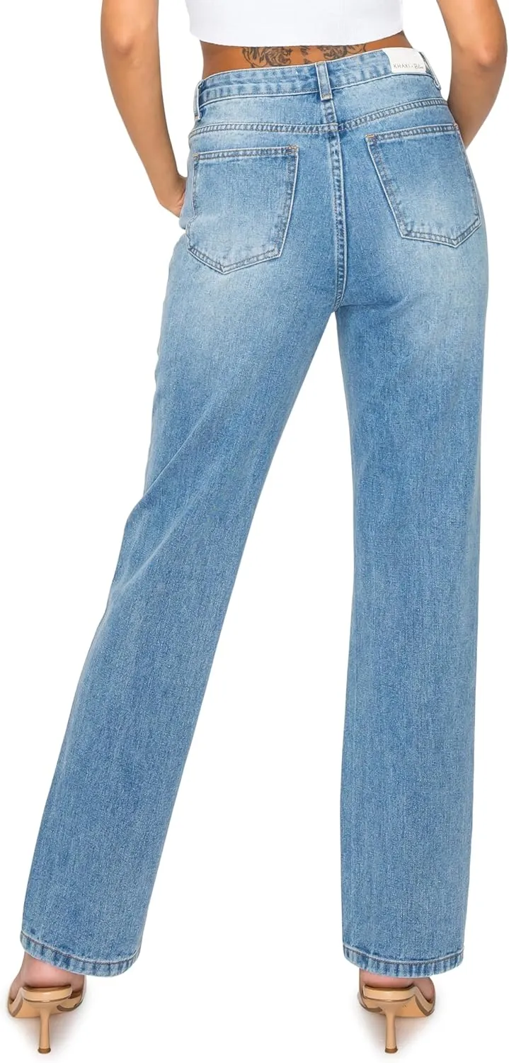 KHAKI & BLUE Womens Denim Jeans  High Waisted Straight Leg Pants with Button Down Closure